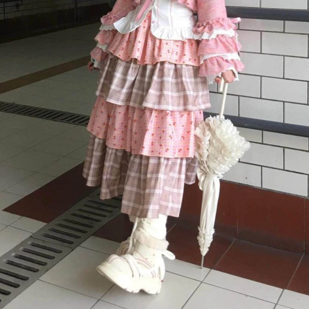 Sweet Lolita Tiered Ruffle Skirt Women's Pink Plaid Patchwork Layered Maxi Skirt Young Girls Students Japanese Kawaii Clothes