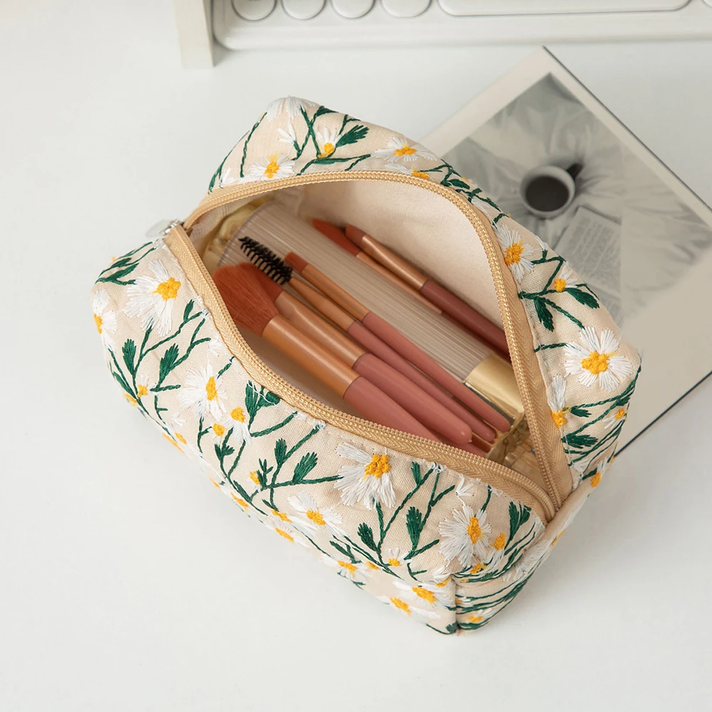 

For Skincare Essentials Daisy Embroidery Bag For Travel For Daily Use Stylish Storage Solution Charming Daisy Design