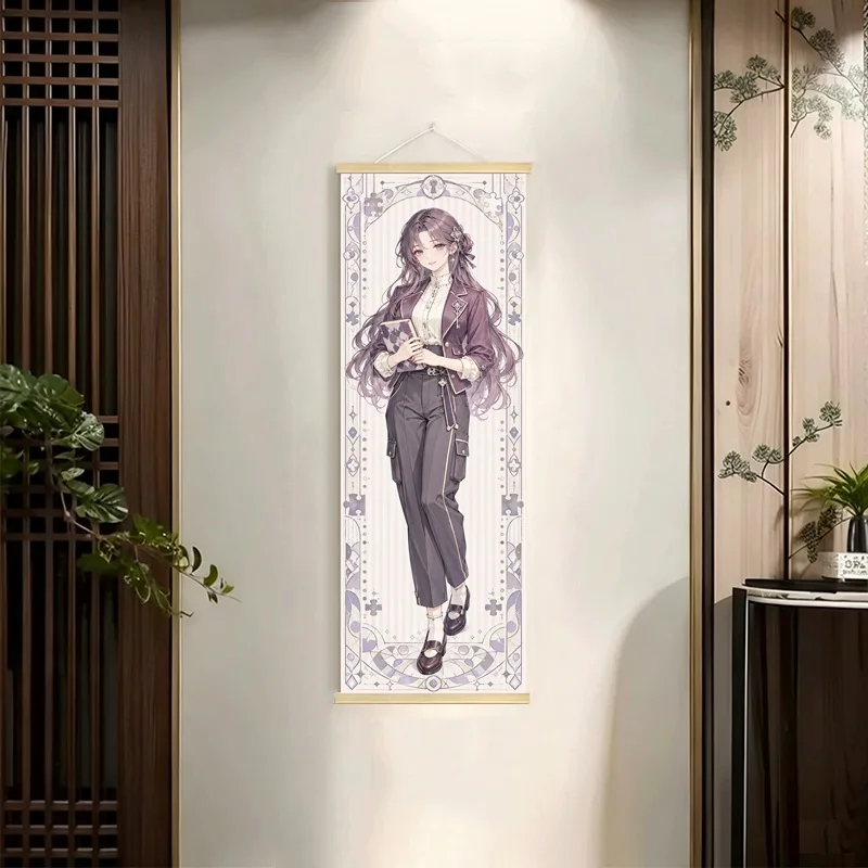 Anime Women in Burgundy, Brown, Purple and Tan Outfits Wall Scroll with Vintage Inspired Floral Borders for a Bedroom