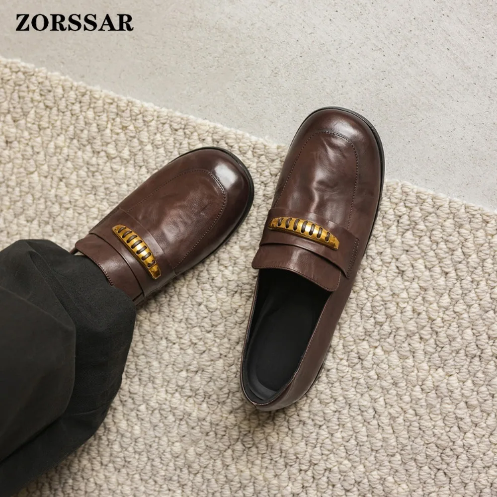 Genuine Leather Womens Flat Loafers with Metal Square Buckle Retro Slip on Office Shoes Comfortable Daily Casual Ladies Footwear