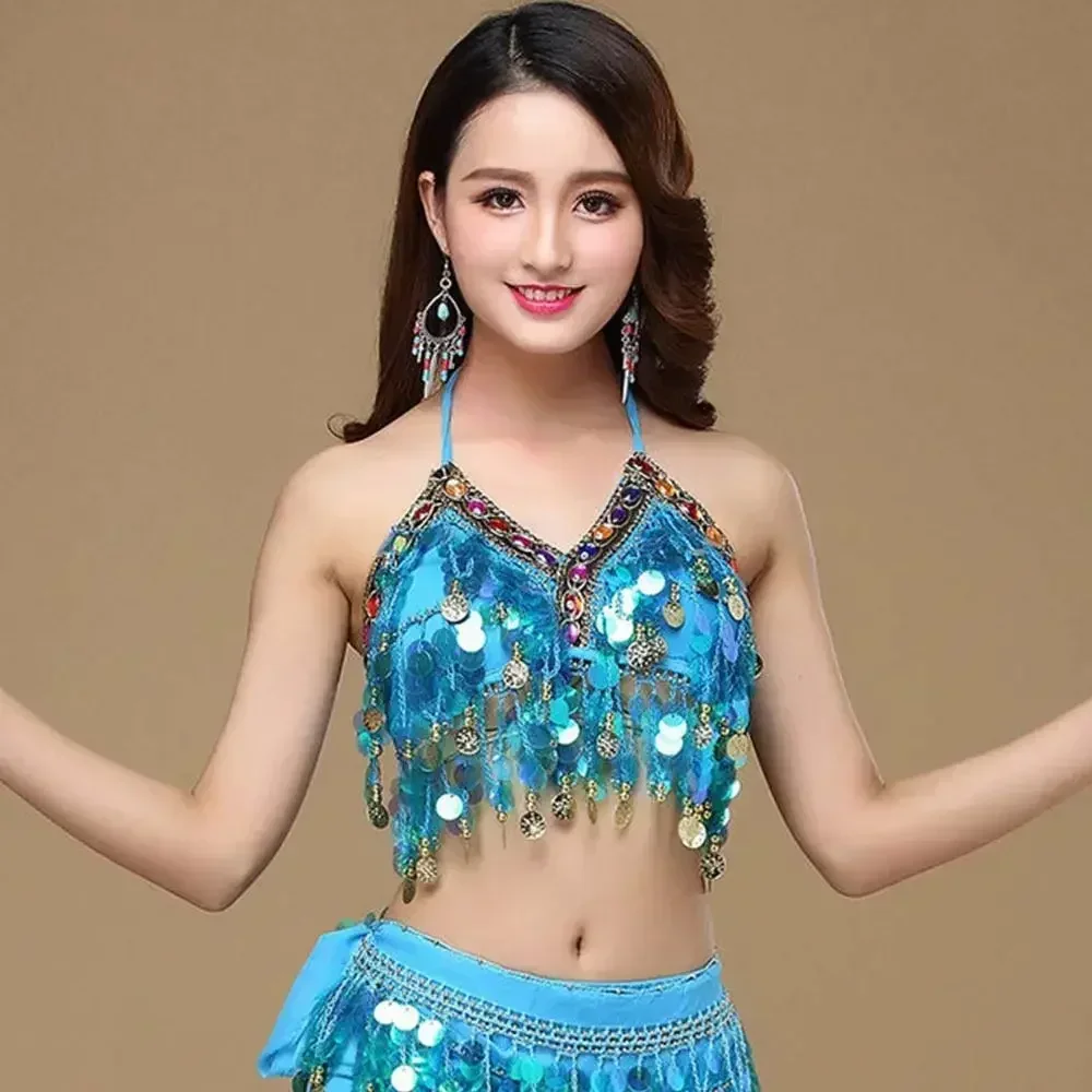 Tassel Halter Belly Dance Bra Nightclub Dance Wear Performance Sequin Tops