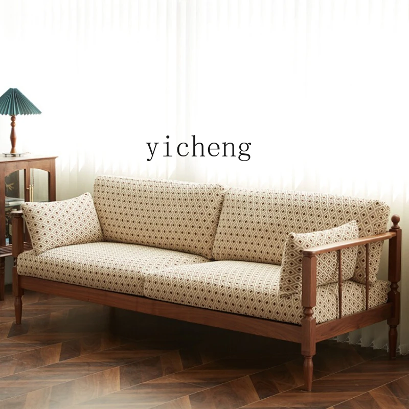 

ZK retro solid wood sofa three-person fabric modern simple small apartment Nordic living room furniture