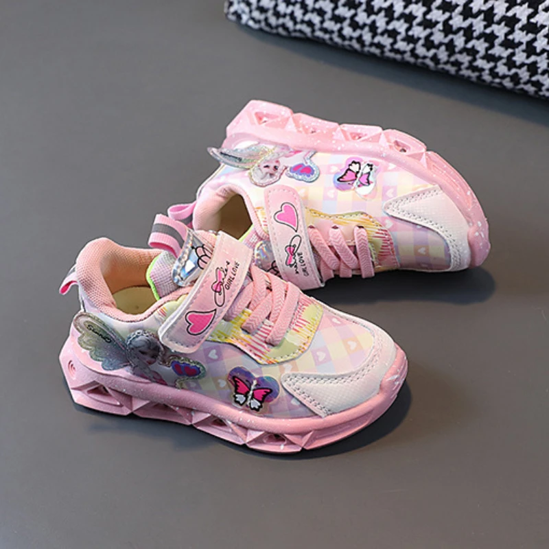 LED Light Shoes Casual Sneakers Spring Autumn Girls Light Casual Shoes Elsa Princess Print Pollen Purple