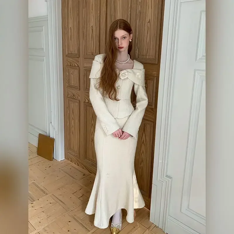 UNXX Kleiner Duft-Wollblazer mit quadratischem Ausschnitt, Meerjungfrauenrock, Anzüge, Vintage-Rosen-Patchwork-Wolljacke + langer Rock, zweiteiliges Set