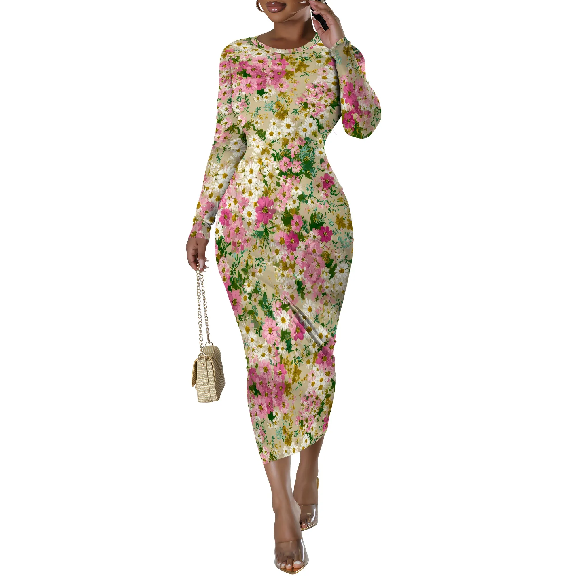 ผู้หญิง Wrap Dresses ฤดูใบไม้ร่วงลําลองแขนยาวพิมพ์ลายดอกไม้ถักเซ็กซี่ Bodycon ชุดราตรีค็อกเทลปาร์ตี้ชุด Midi