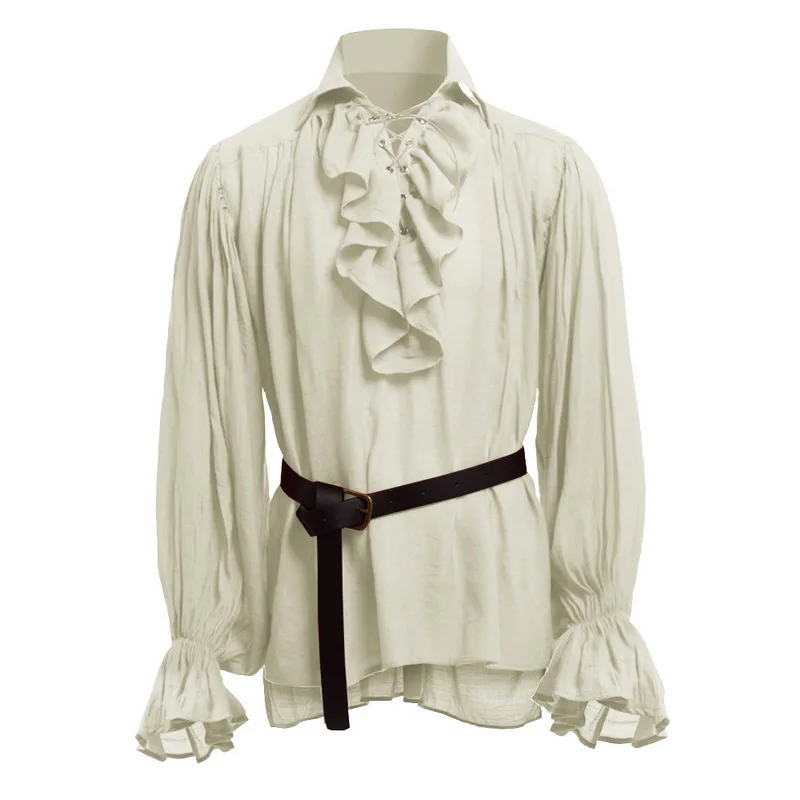 Groothandel Middeleeuwse Renaissance Vetersluiting Shirt Bandage Tops Ruches Shirt Mode Mannen Vintage Kostuum Pluizige Lange Mouw Mannelijke