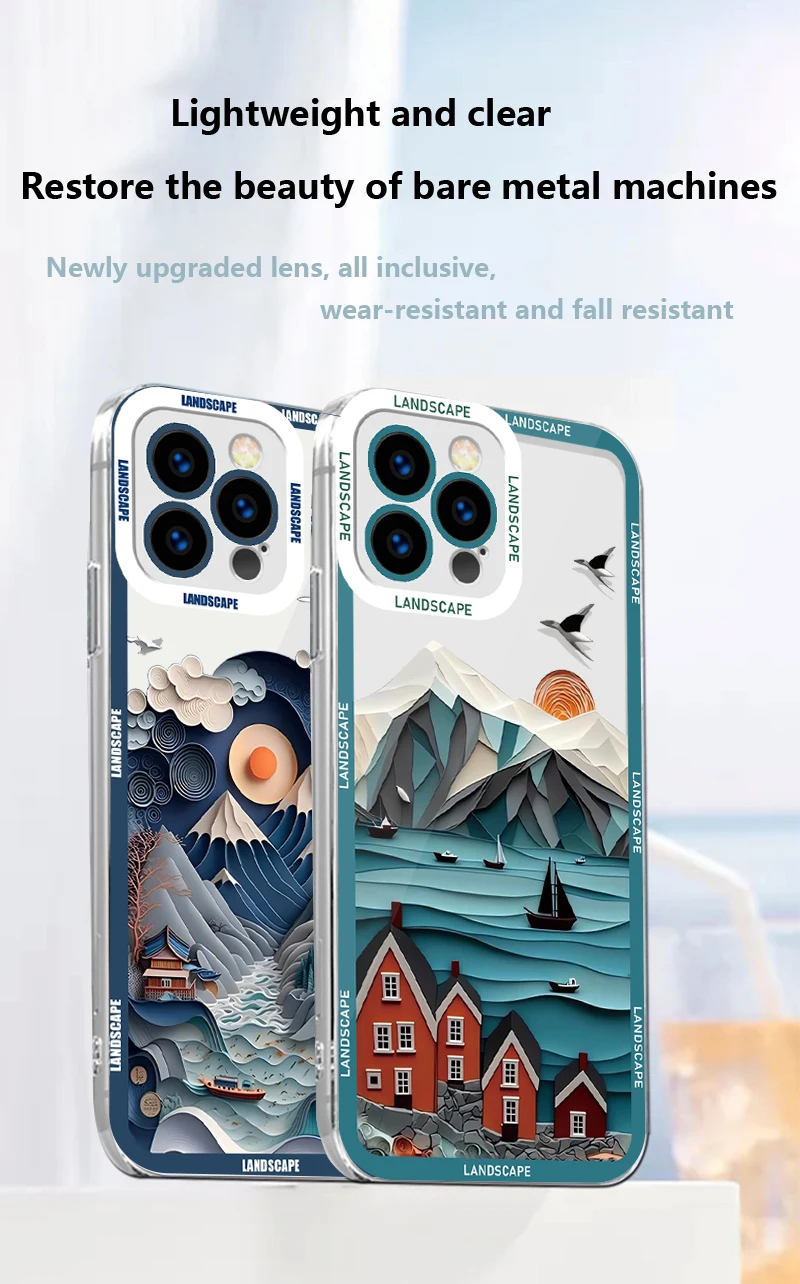 For IPhone 11 12 13 14 15 7 Pro Plus Pro Max mini X XS Max XR Angel Eye Transparent Shell Nordic countryside Scenic Village