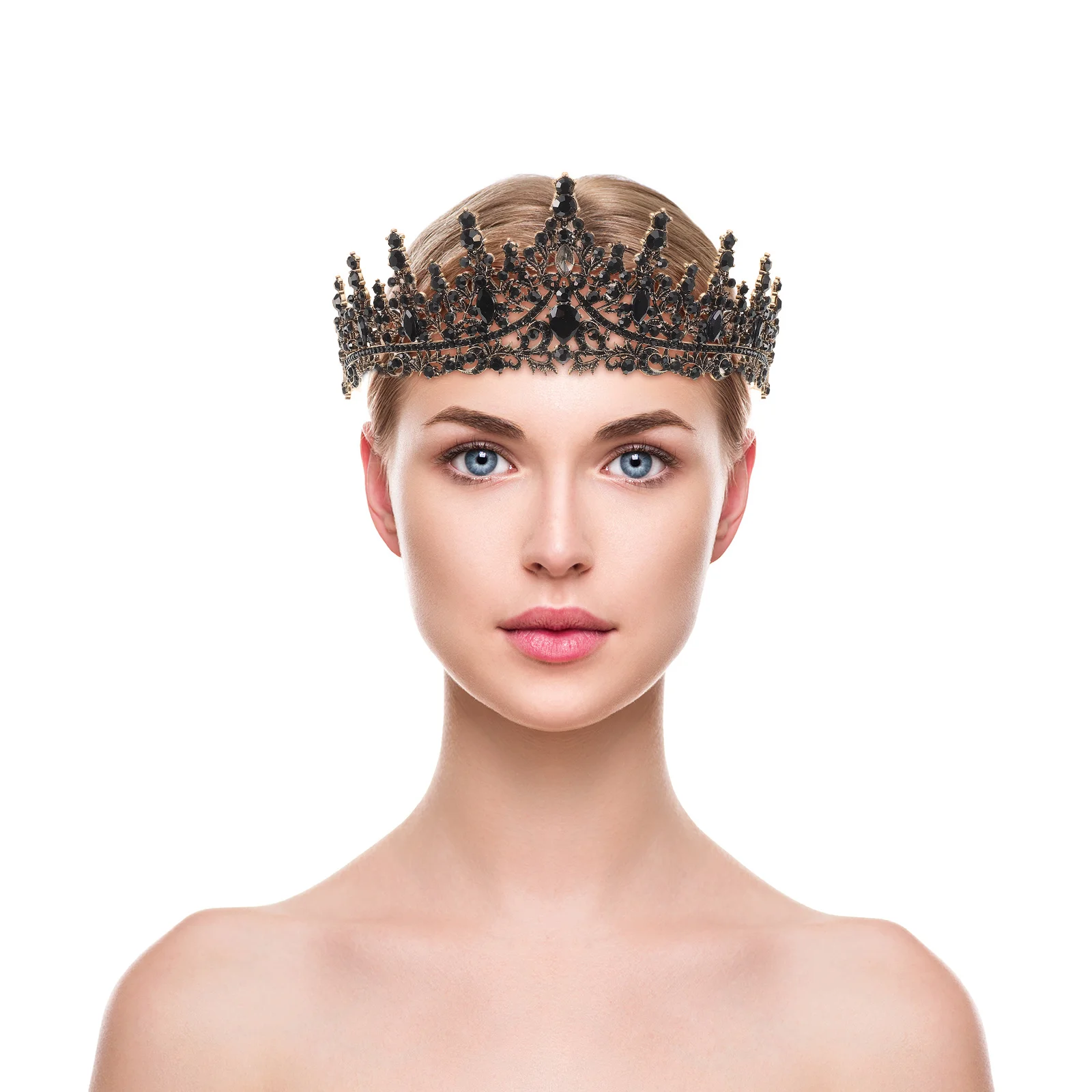 خمر التاج الأسود حجر الراين مطعمة سبائك الزنك ورقة زهرة تصميم الزفاف عقال العروس تاج الزفاف النساء حفلة موسيقية