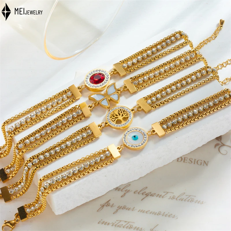

Niche Retro Multi-Layer Rhinestone Chain Butterfly Life Tree Eye Accessory Bracelet Stainless Steel Jewelry ﻿