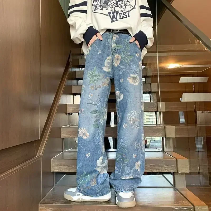 

Designer Men's Jeans with Pockets Man Cowboy Pants Flower Kpop Trousers Print Denim Clothes Y2k 2000s High Quality Korean Style