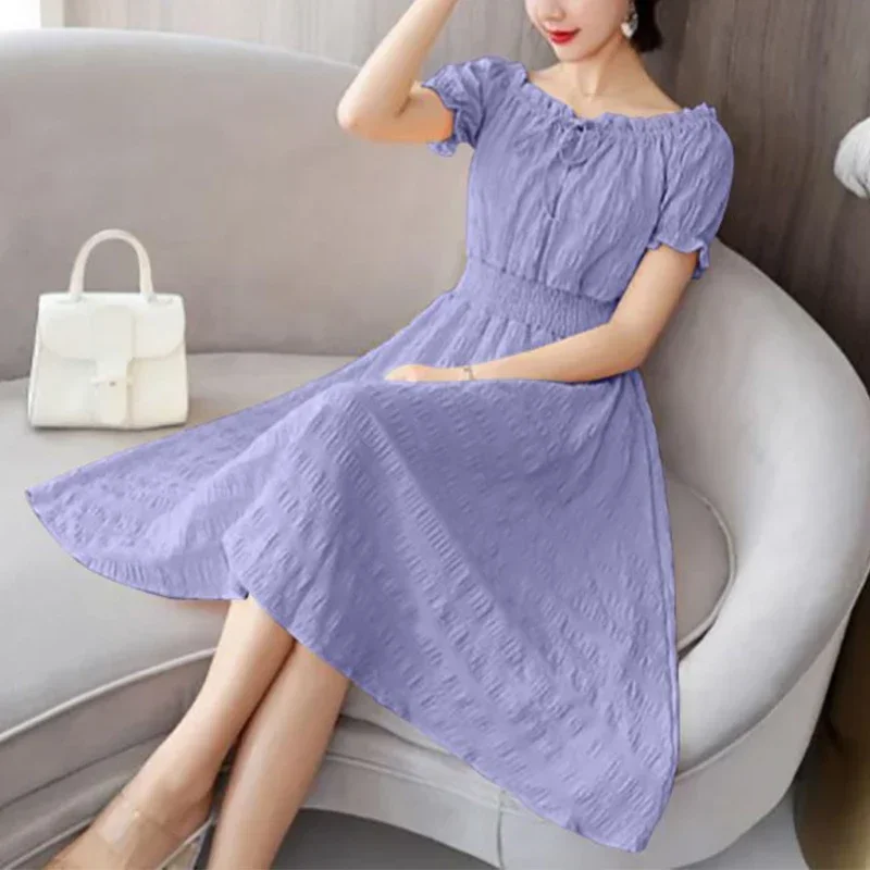 

Summer Solid Color Folds Lace Up Chiffon Dress Ladies One Word Collar Casual Fashion Waist Midi A-line Robe Femme Vestidos J98