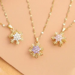 Unique Titanium Steel Necklace with Rotating Snowflake Pendant Collarbone Chain with Sparkling Zircon Stone for Women