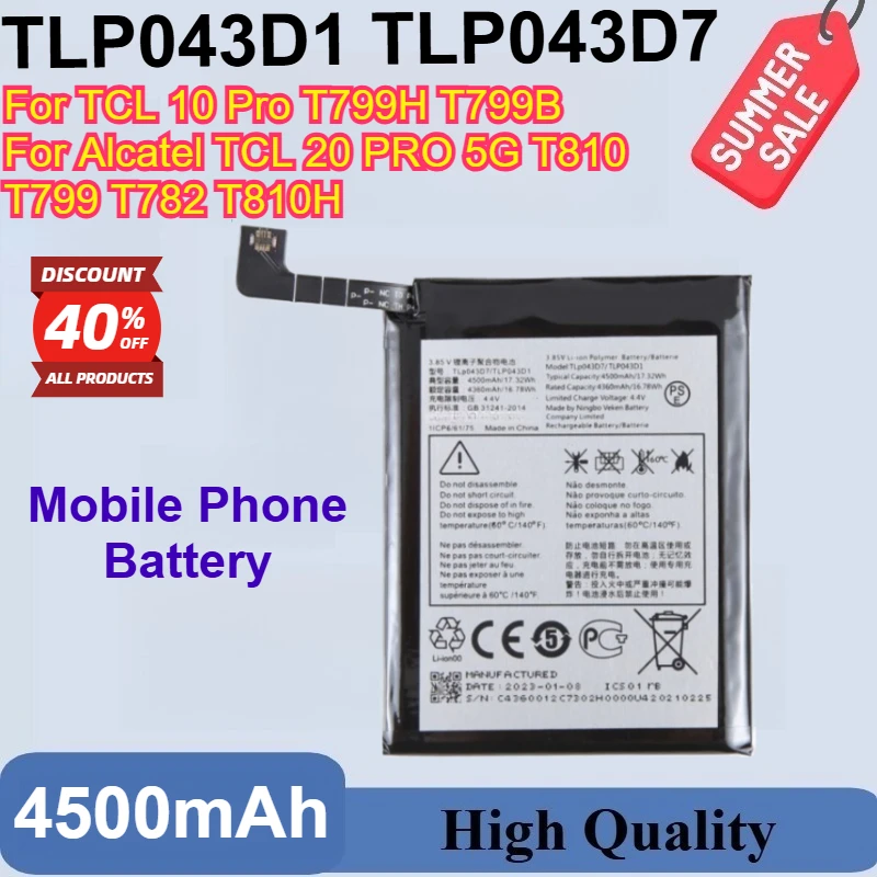 

New 3.85V 4500mAh TLP043D1 TLP043D7 Battery for TCL 10 Pro T799H T799B For Alcatel TCL 20 PRO 5G T810 T799 T782 T810H + Tools
