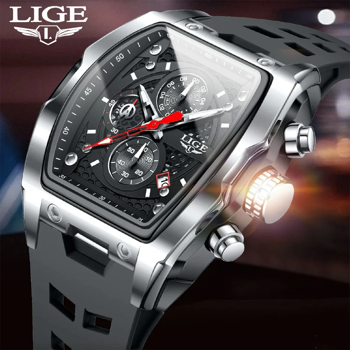 

LIGE Silicone Watch Fashion Military Sports Waterproof Quartz Watches Calendar Luminous Men's Watch Chronograph Watches for Man