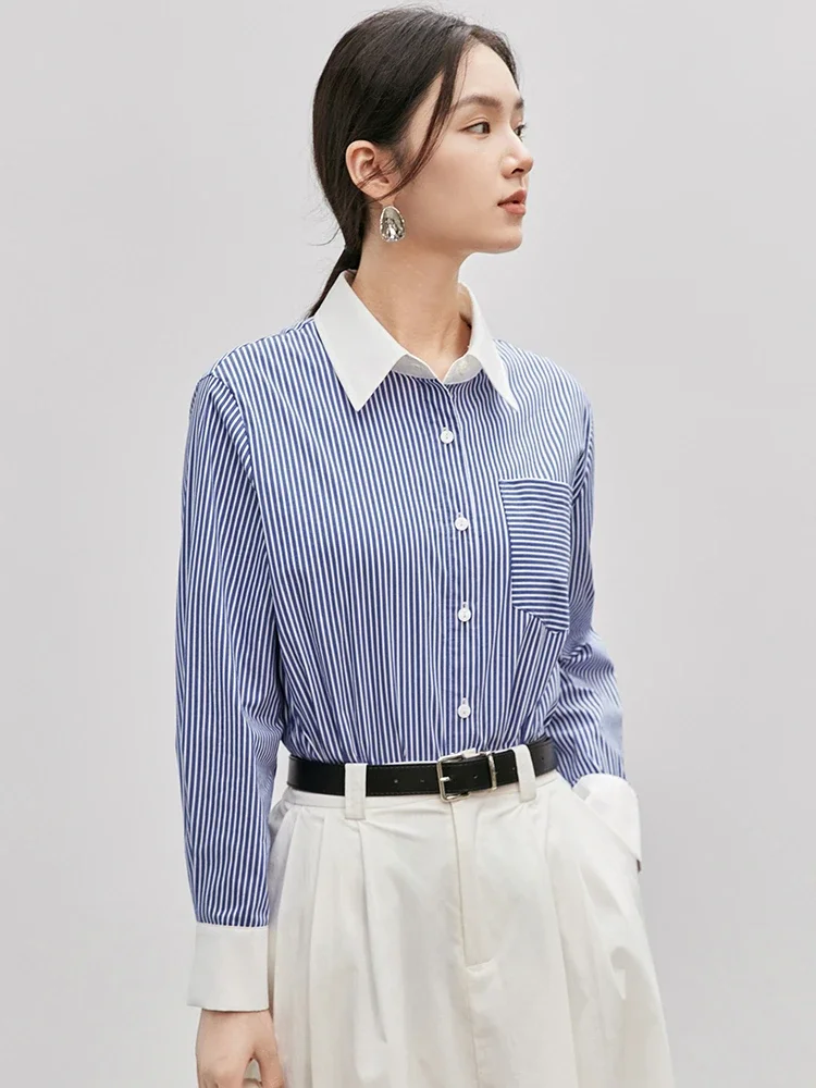 

SENTUBILA Contrast Splicing Long Sleeve Striped Shirt Women Tops 2024 Autumn New Loose Casual Cotton Shirts & Blouses 143C55909