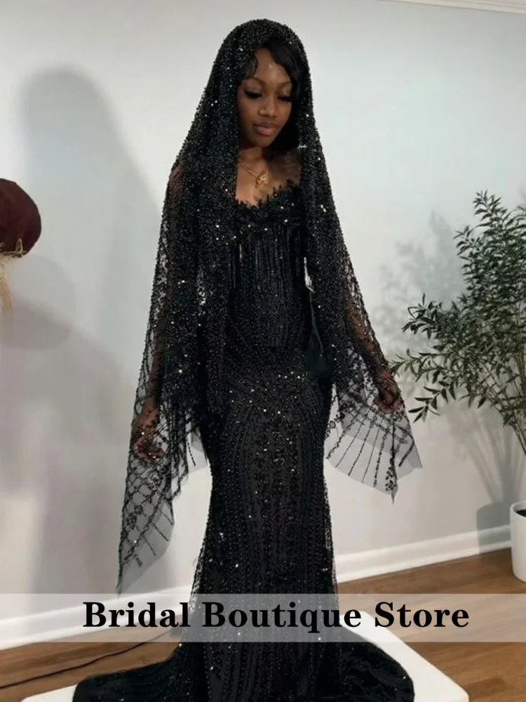 Black Prom Dresses With Veil 2026 Beading Diamonds Black Girls Evening Dress Tassels Wedding Birthday Party Gowns Customized