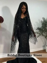 Black Prom Dresses With Veil 2026 Beading Diamonds Black Girls Evening Dress Tassels Wedding Birthday Party Gowns Customized