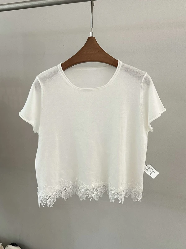 

Легкая дышащая льняная футболка-топ с кружевным краем и прозрачным дизайном для женщин, летняя мода