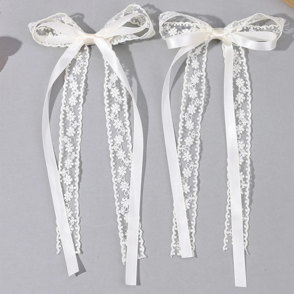 2 Stuks Witte Kant Boog Haarspeldjes Bloem Borduren Lange Lint Haarspelden Zoete Bloemen Barrette Meisjes Kinderen Hoofddeksels Accessoires
