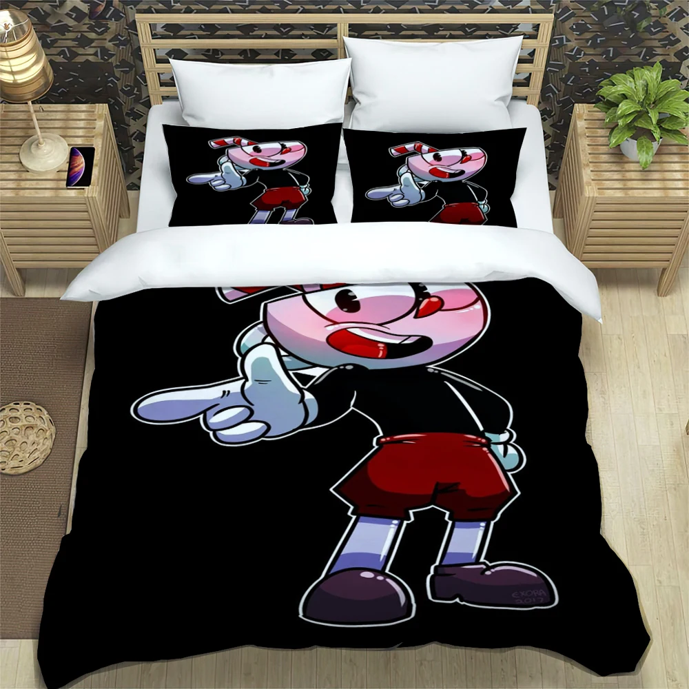 C-Cuphead Pop Fashion Trendy Print Three-piece Set, Suitable for Kids or Adults Quilt Cover Pillowcase Bedding Set Birthday Gift