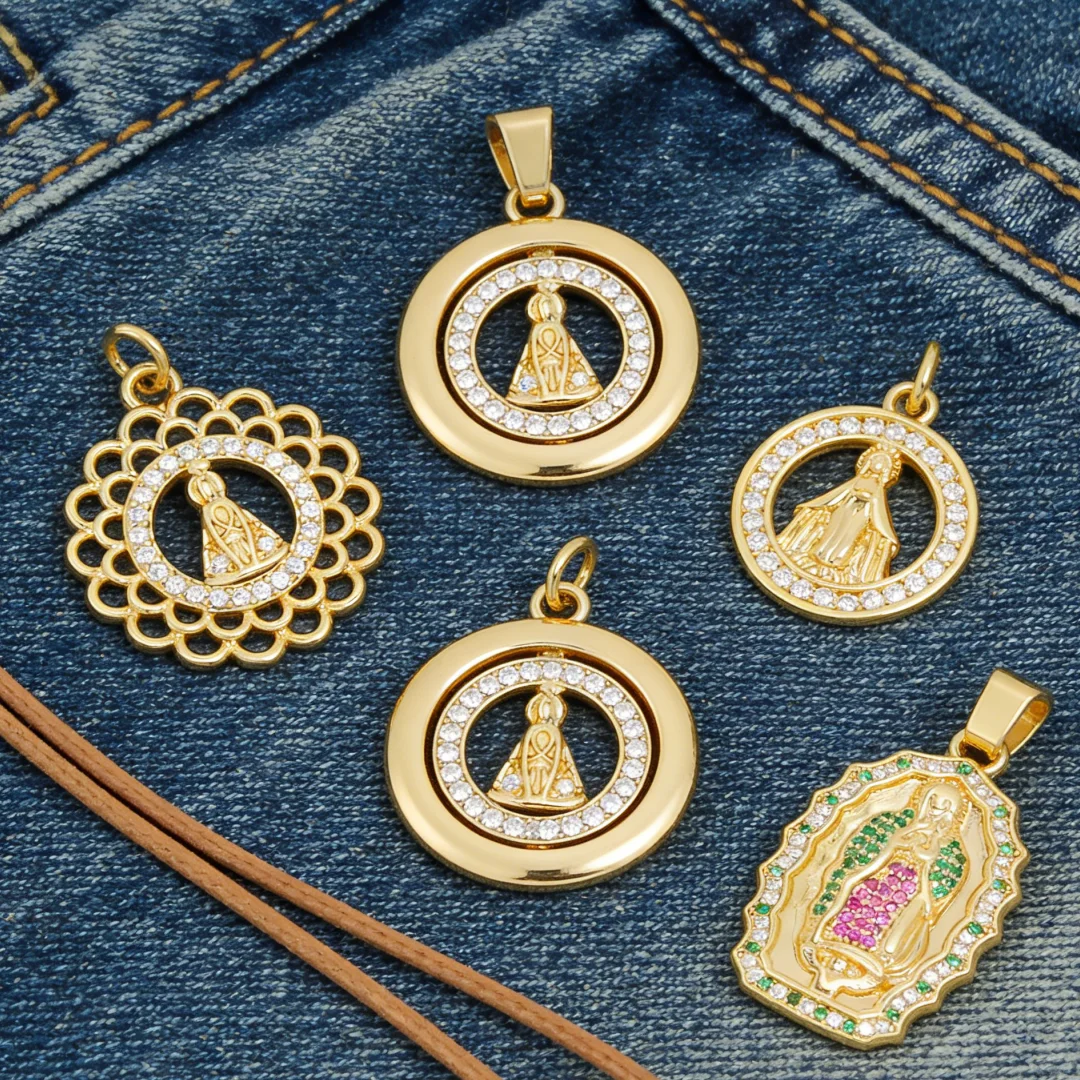 

15Pcs Pendants Sparkling Brass Cubic Zircon Religious Round Our Lady Charms for Diy Jewelry Necklace Bracelet Hollow Accessories
