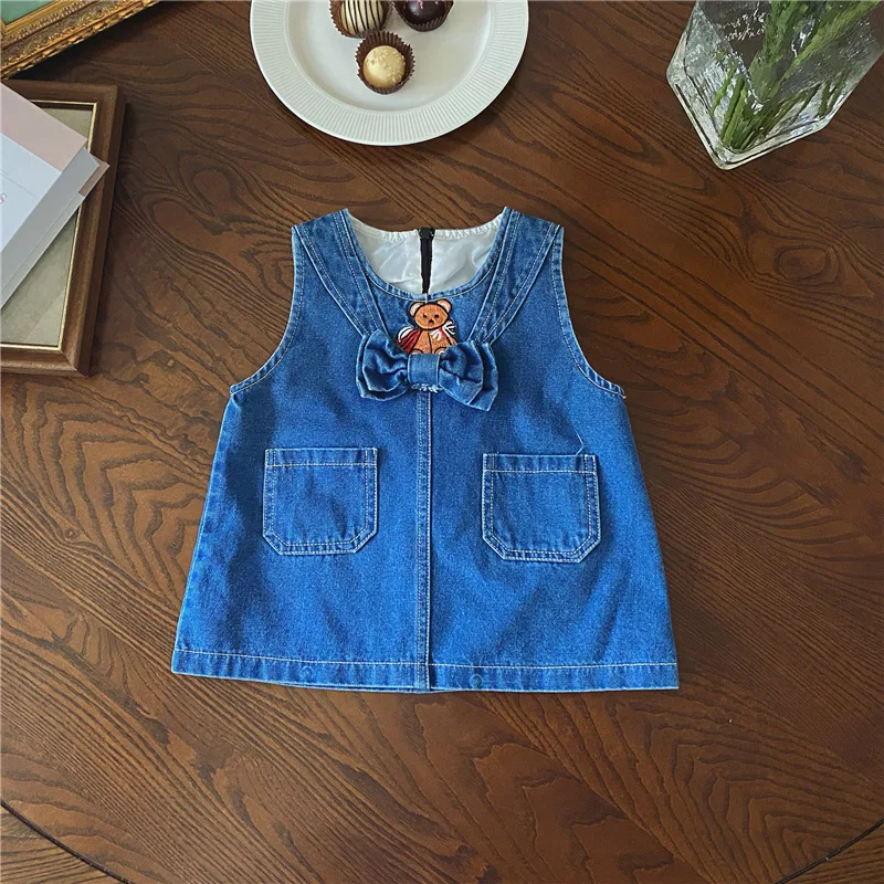 2024 Spring New Girls Clothes Set Baby Lace Shirts Fashion Girls Sleeveless Denim Dress Children Cute Bear Strap Dress Suit