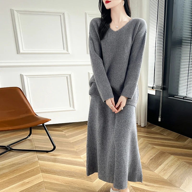 2024 Autumn/Winter Wool Suit Hot Sale Women Pure Wool Sweaters And Pants 100% Wool Knitted Loose  Leisure Warm Wool Set