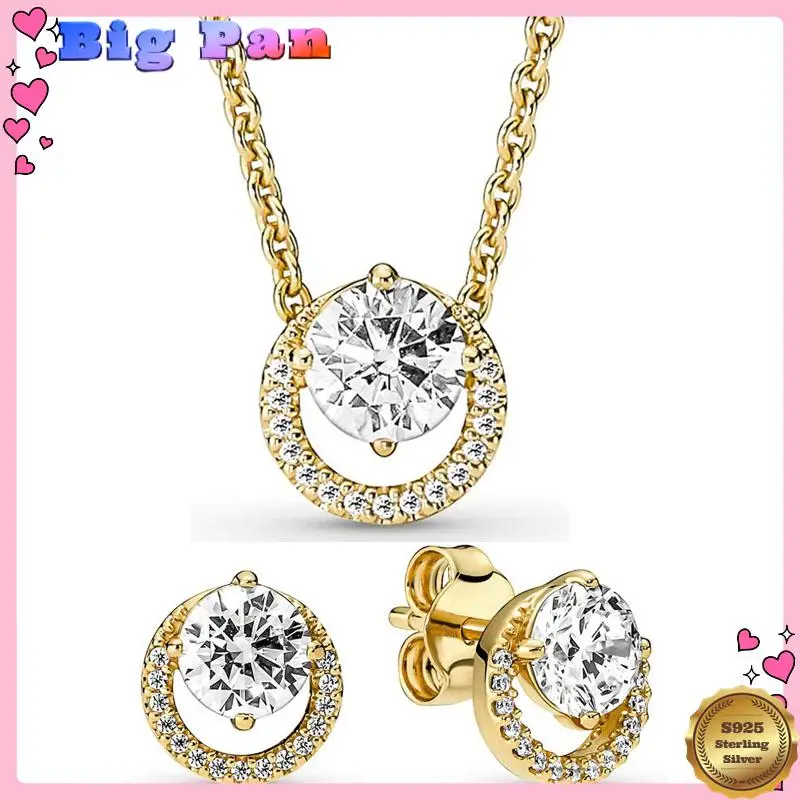 

Authentic 925 Sterling Silver Golden Shine Sparkling Round Halo Earring Necklace With Crystal For Women Jewelry Set Gift 2025