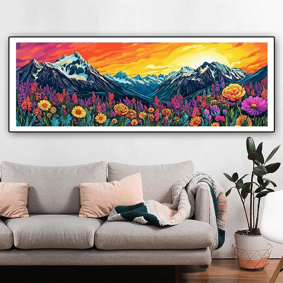 Fullcang Diy Diamonds Painting Extra Large Size Mountain Wildflower Scenery Full Mosaic Embroidery Scenery Picture Wall Decor