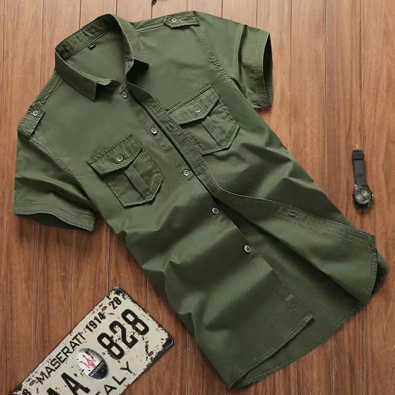 Military Shirt Men\'s Shirts Casual Style Fashion Clothing Cotton Short Sleeve Retro Vintage Solid Black Simplicity Drop Shipping