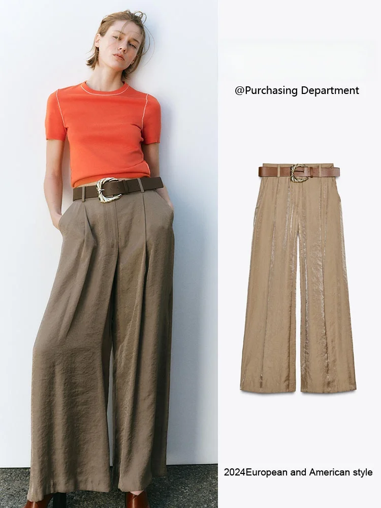 

Spring New Arrival Women's Slimming Wide Leg Casual Pants Silk Satin Material with Belt Ethnic Sle Stage Performance Clothing