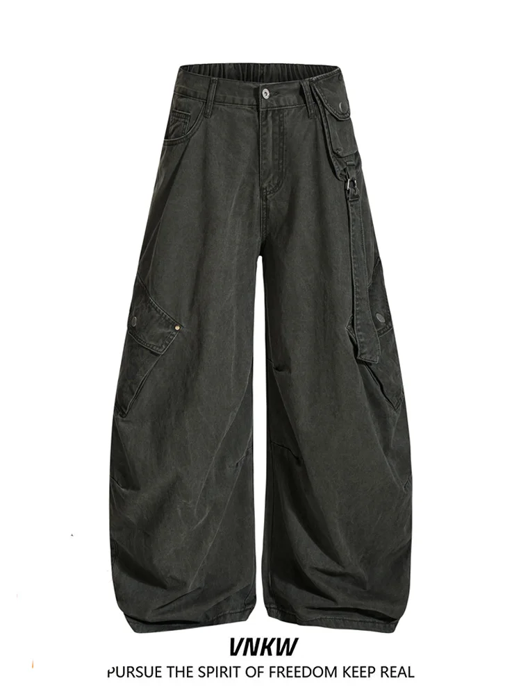 

Men's And Women's een Work Trousers with Multiple kets Bend Knife Wide Leg Long Pants High Street Retro Deconstruct...