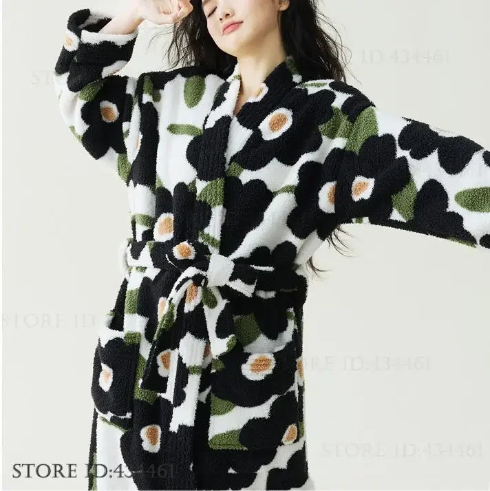 

Print Flower Flannel Long Robe for Women Thicken Coral Fleece Sleepwear Kimono Bathrobe Gown Autumn Winter New Homewear Pajama