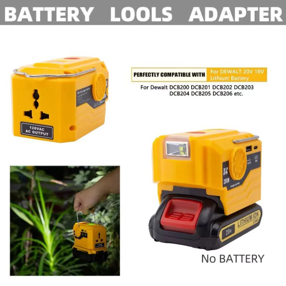 

ower Inverter 200W for DEWALT 20V Battery Adapter Charger, With 110V AC Socket and USB port Portable Power Supply（Tools Only）