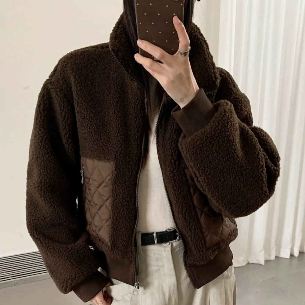 Retro imitation lamb fur lapel short woolen coat for women 2026 new cotton jacket trendy short style ladies padded jacket