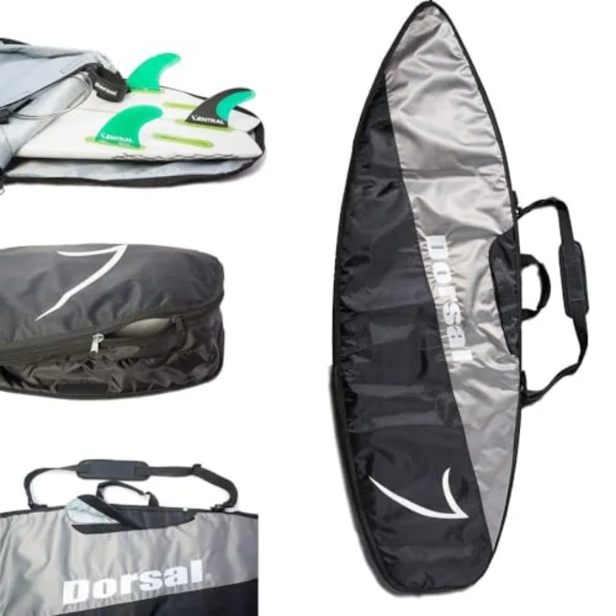 Travel shortboard and longboard surfboard day bag cover for 5'7 boards black/grey nylon lightweight and water-resistant