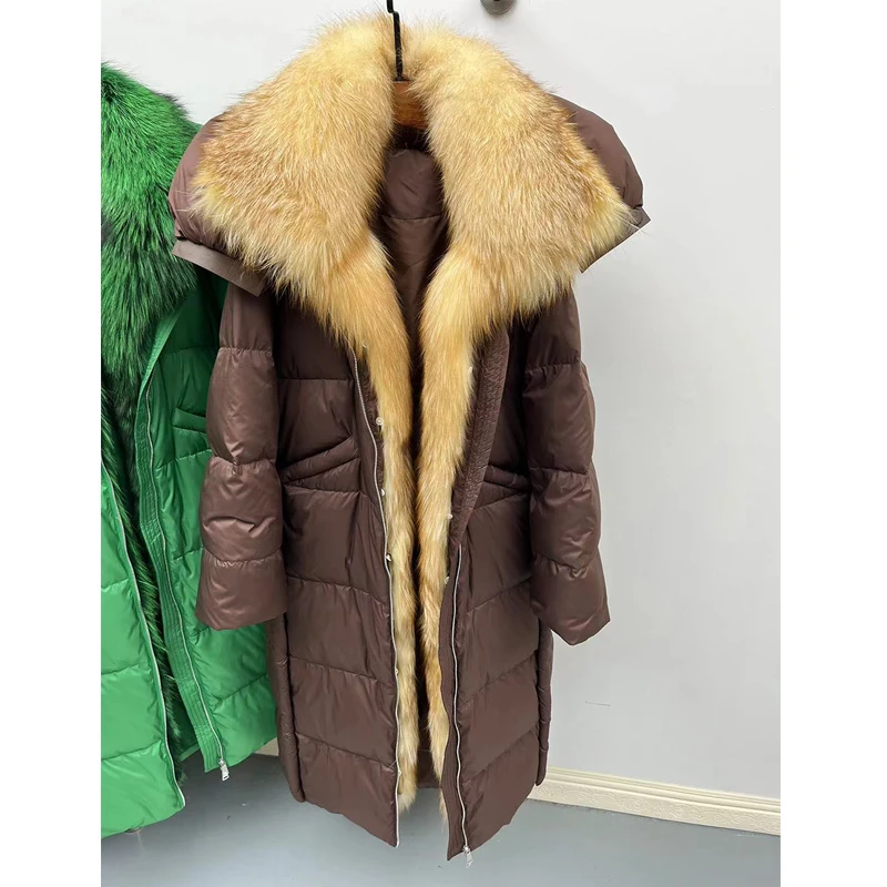 Nowa, luksusowa kurtka puchowa z futrzanym kołnierzem, długa, za kolano, luźna, ocieplana, z kapturem, odzież wierzchnia damska, styl casual, 2025.