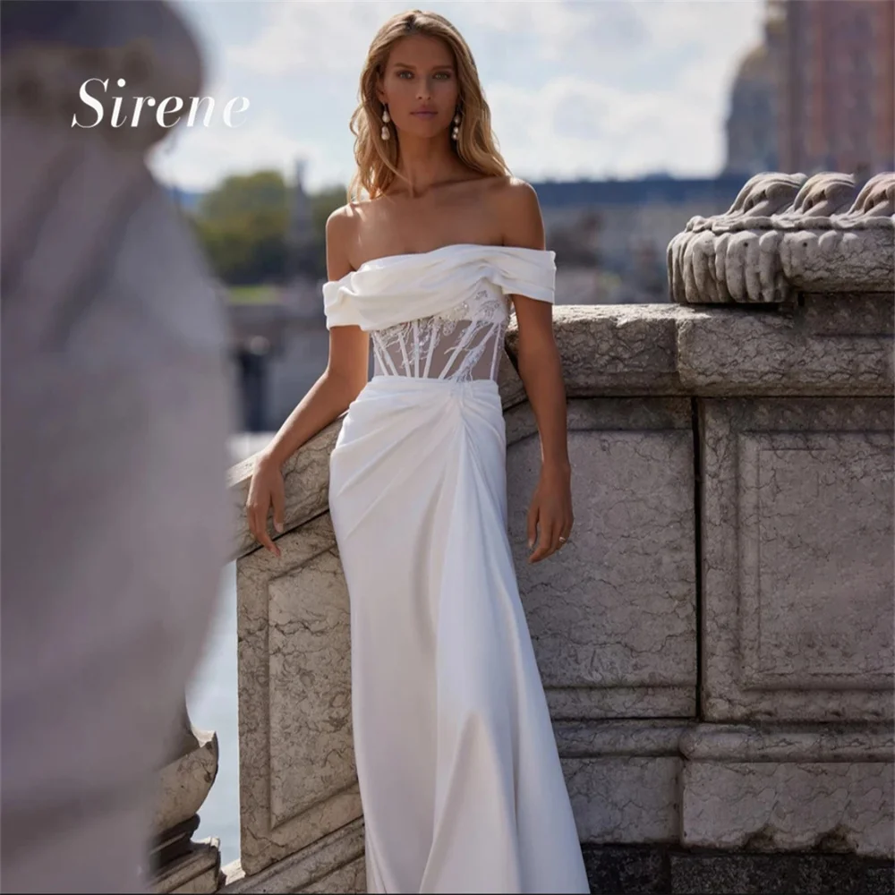 

Sirene Elegant Lace Applique Mermaid Stain Wedding Dresses Beach Off Shoulder Backless Floor Length Sleeveless Sexy Bridal Gowns