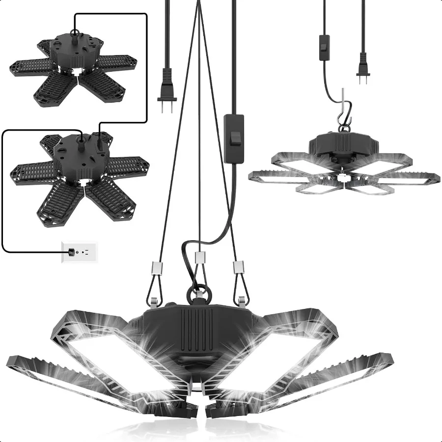 

2 Pack Plug in Garage Light Upgraded 200W 20000LM Linkable LED Shop Light 6500K Ceiling Lights w 6 Deformable Panels for Garage