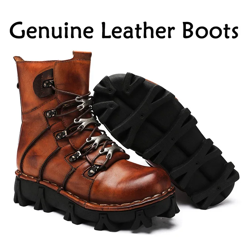 New Men's Cowhide Genuine Leather Motorcycle Boots Mid-calf Combat Boots Gothic Skull Punk Snow Winter Boots 50