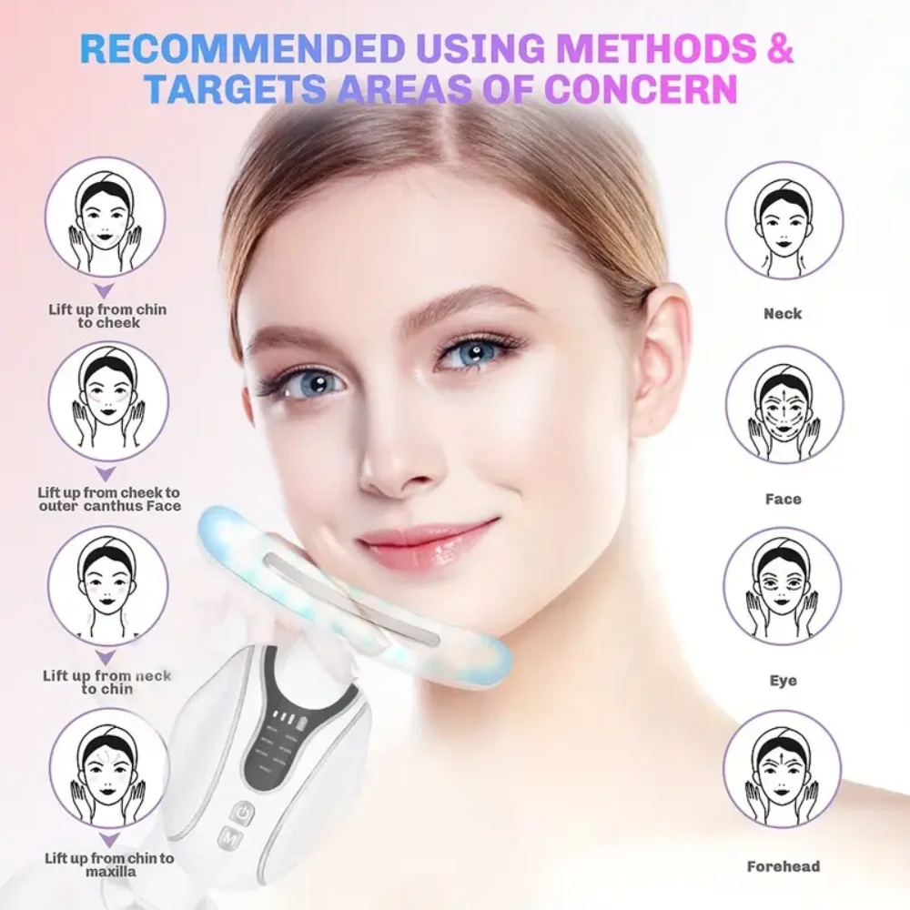 مدلك الوجه مع وظيفة التسخين - هدية عيد الميلاد لجهاز تجميل الوجه للرقبة الصغيرة EMS للعناية بالبشرة بـ 7 ألوان