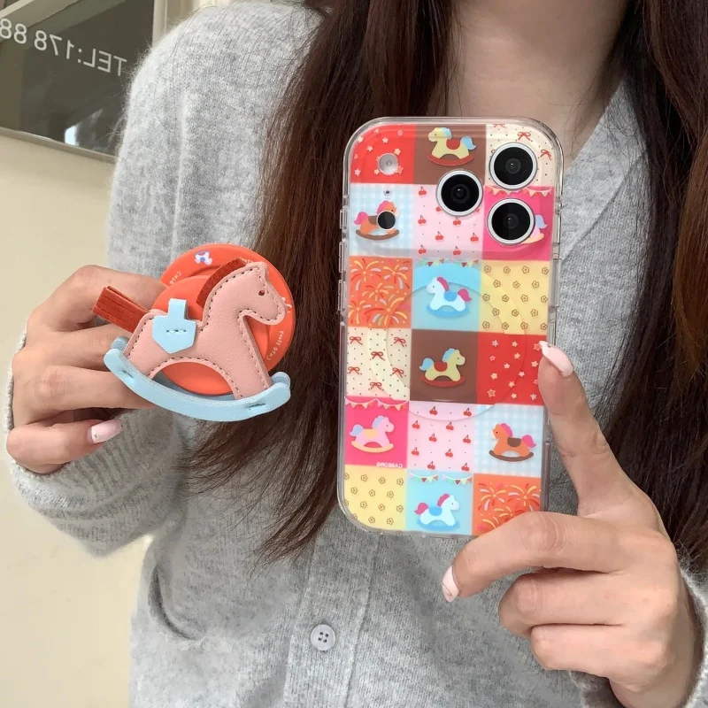 

Korean Flower Cherry Cute Horse Puzzle Magnetic Phone Case For iPhone 17 Pro 16 14 15 Pro Max Cover with Stand For Magsafe Cases