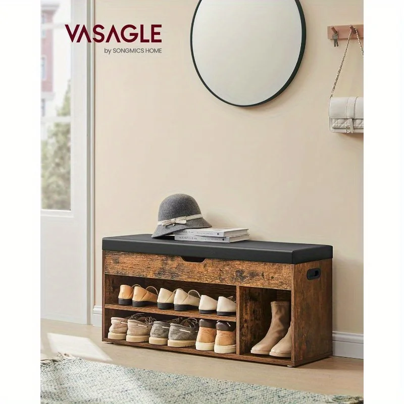 VASAGLE With Cushion Storage Stool，Shoes Rack with Padded Seat，3 One Compartment，Hidden Storage Space，Shelf，