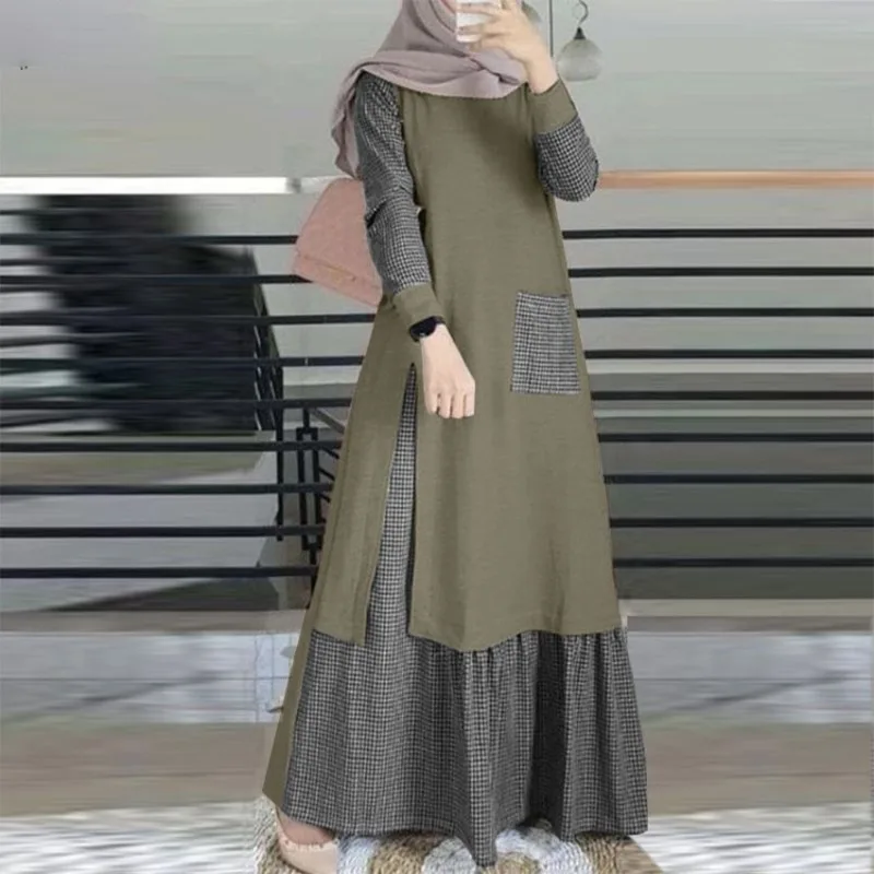 2024 Islam Abaya Dress Temperament Solid Color Pullover Long sleeved Robe Femme Muselmane Round Neck Large Swing Women's Dress