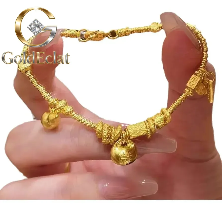 

GoldEclat Little Pangfu Gourd Dishes Bracelet 9999 24K Real Gold Women's Light Luxury Retro Versatile Dishes Bracelet Handle De