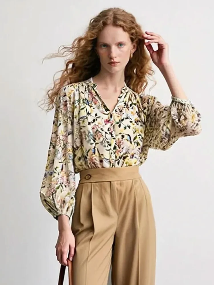 

Женская блузка ZhuoZhi Весна 2026 с цветочным принтом, рукавами-фонариками, на пуговицах, для повседневной носки, свободного кроя, в французском стиле