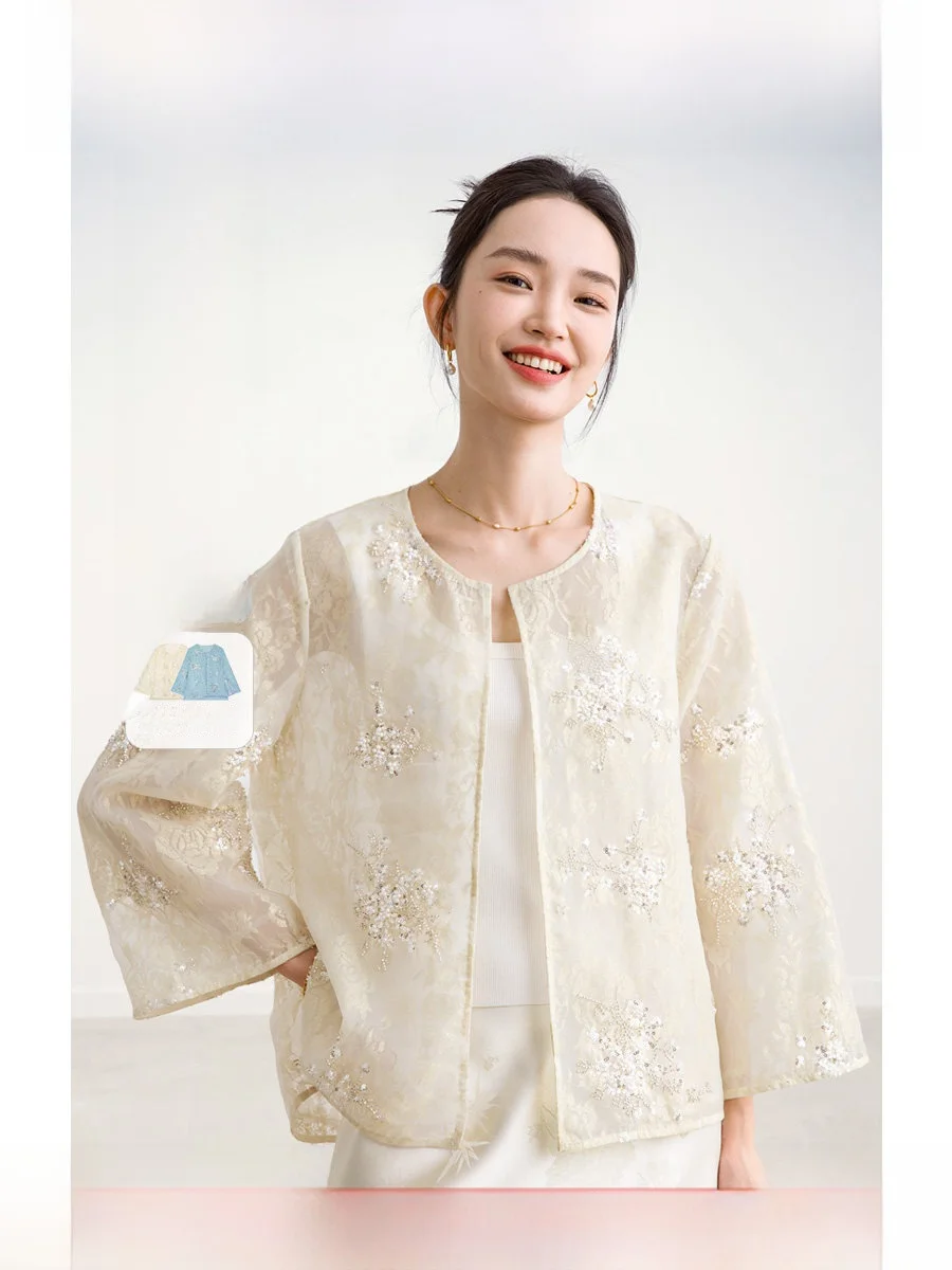 

ROCO New Chinese Sle National Trend Series Sun Protection Silk Ogees Embroidery Beaded Thin irt Original Design Straight ...