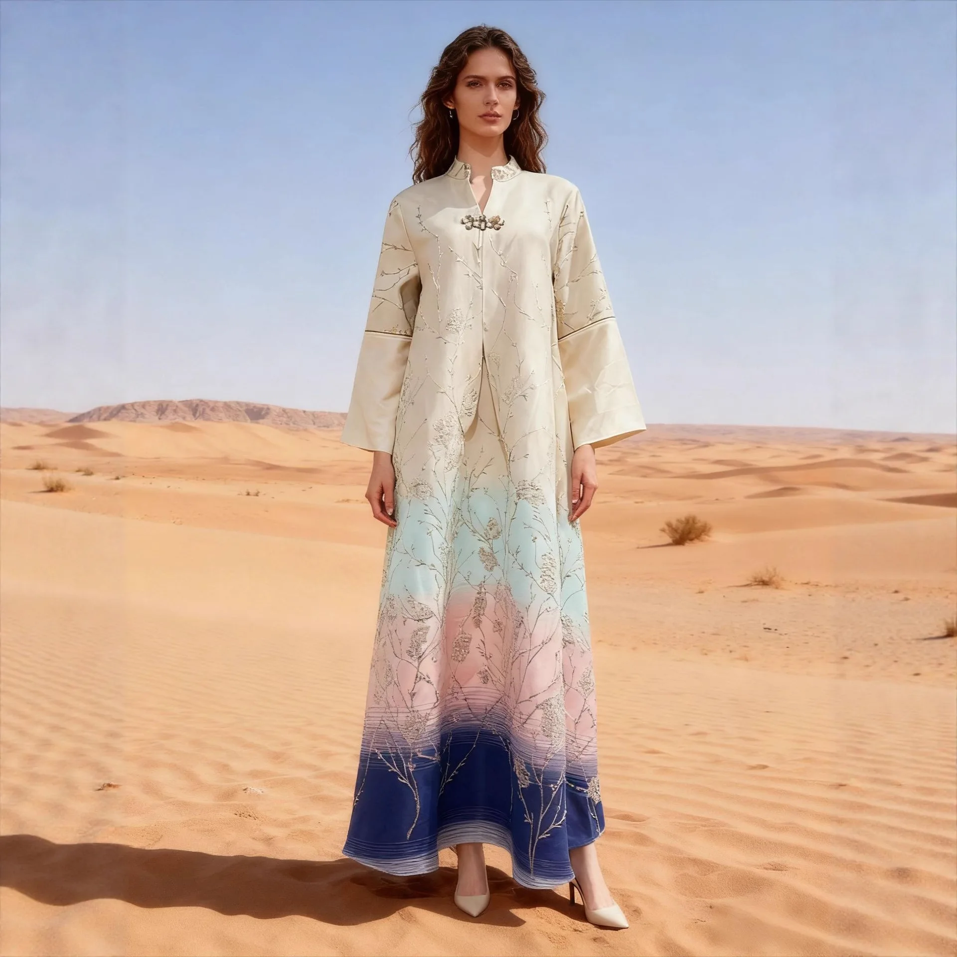 

Nl142 Arab Dubai Muslim Dress Fashionable High-end Jacquard Fabric Embroidered Gradient Robe Ramadan Dubai Luxury Islam Elegant