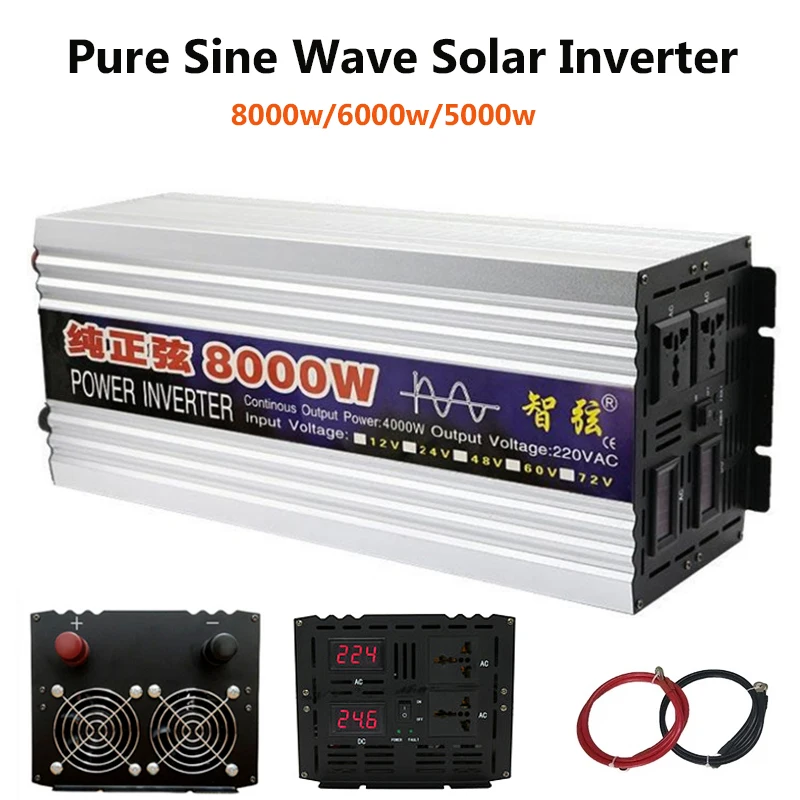 8000W 6000W 5000W Pure Sine Wave Inverter DC 12V 24V To AC 220V 50Hz 60Hz Voltage Converter Big Power Dual Output Solar Inverter