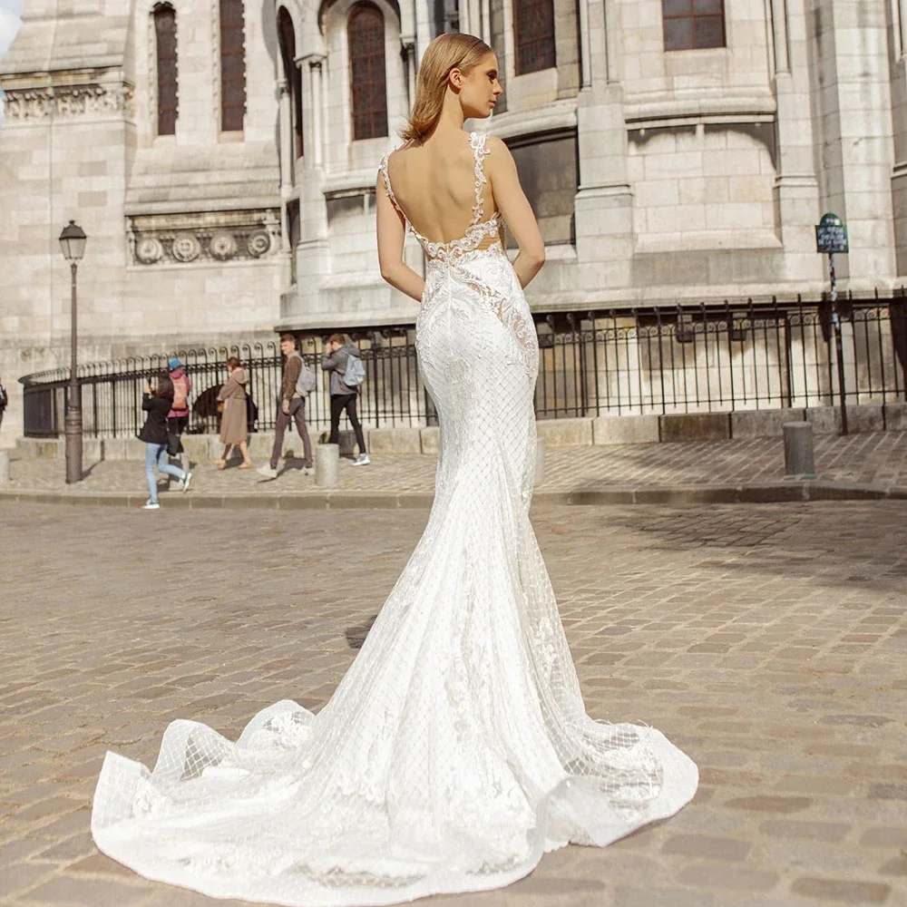 Robe de mariée sirène en dentelle, tenue de soirée Sexy, dos nu, col en v, sans manches, longueur au sol, 2022